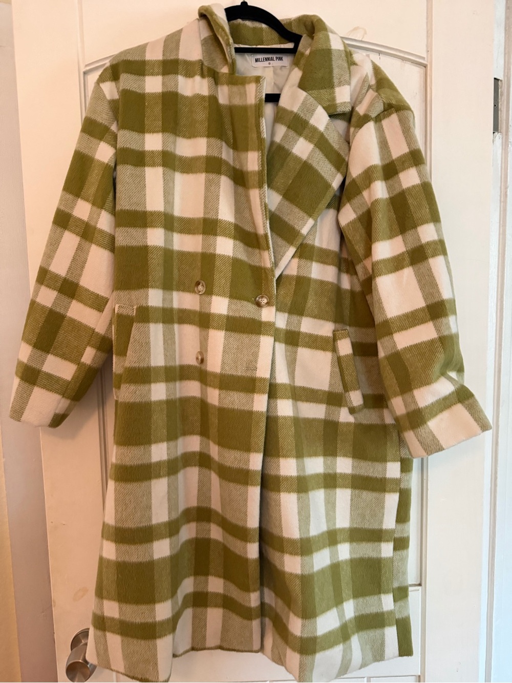 Olive Green & Cream Plaid Double-Breasted Pea Coat